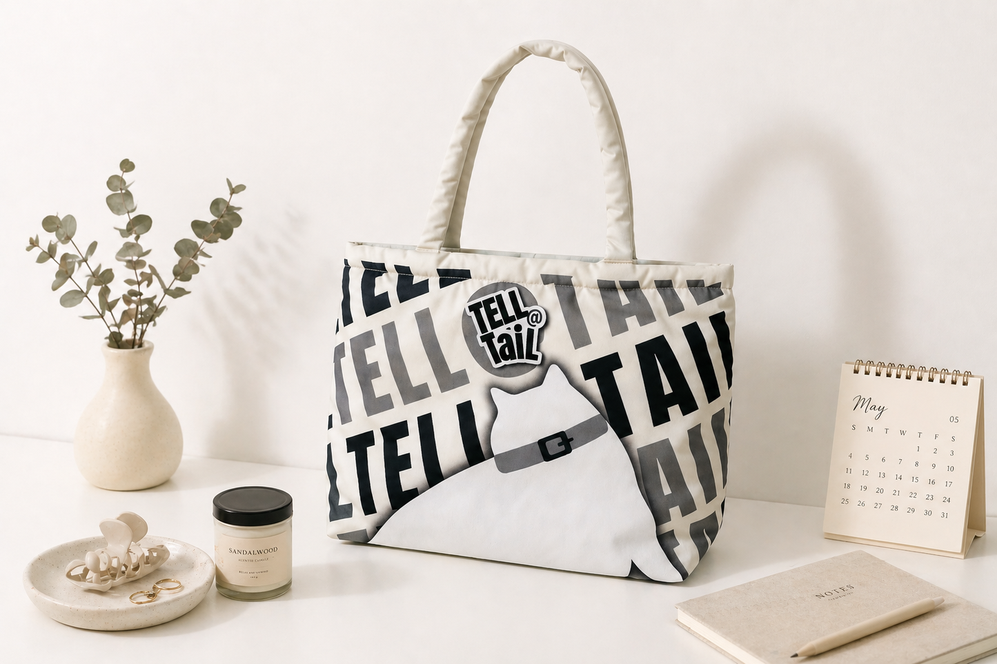 FLUFFY CANVAS TOTE BAG : CREAM WITH GREY