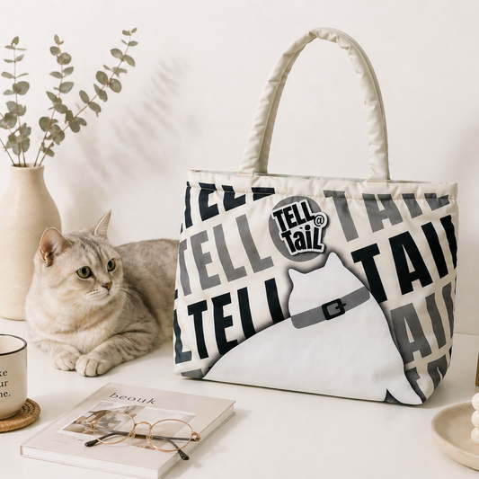 FLUFFY CANVAS TOTE BAG : CREAM WITH GREY
