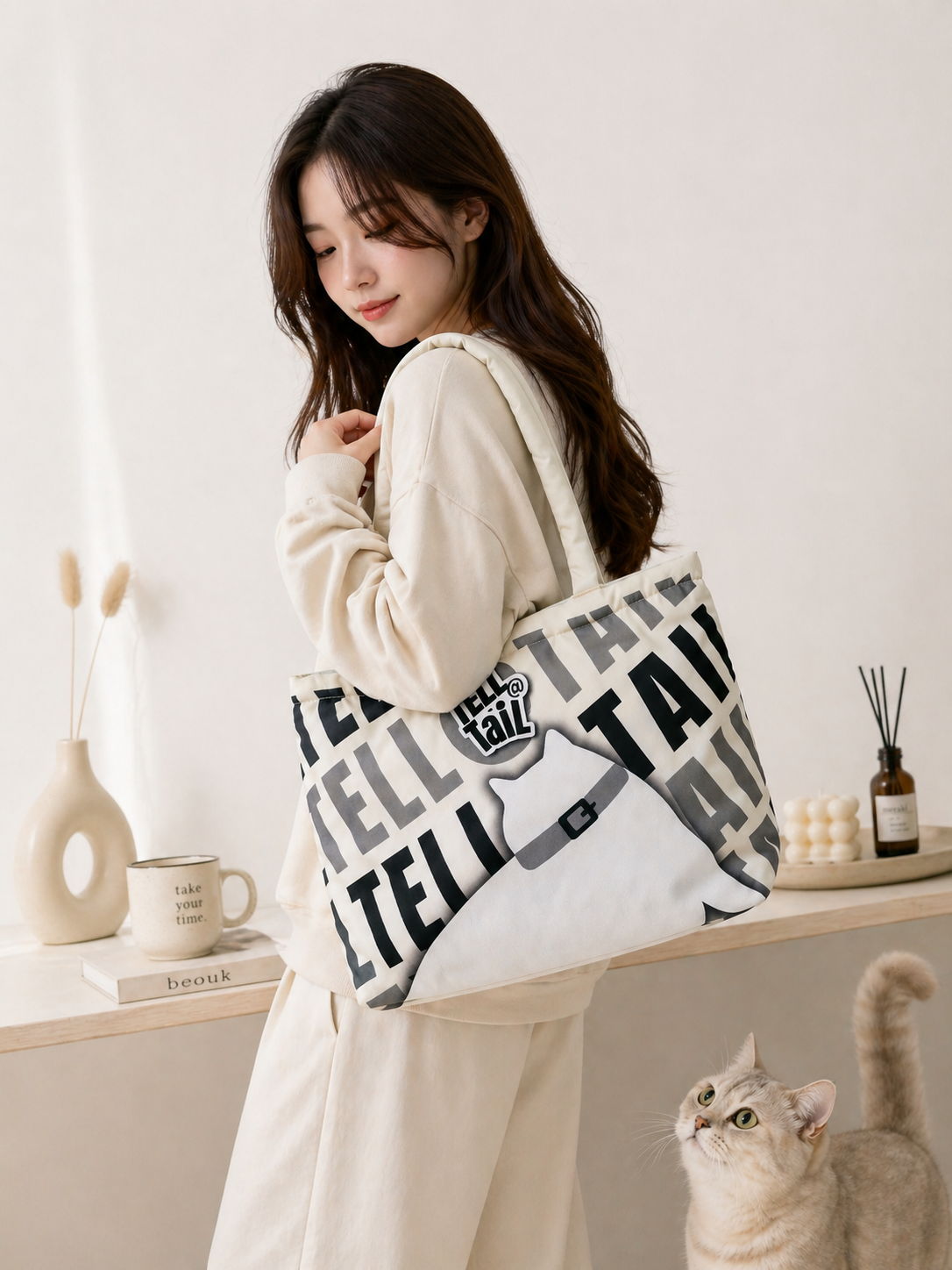 FLUFFY CANVAS TOTE BAG : CREAM WITH GREY