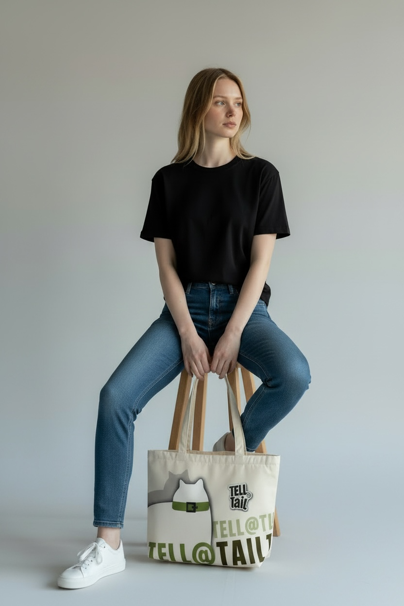 FLUFFY CANVAS TOTE BAG : CREAM WITH GREEN