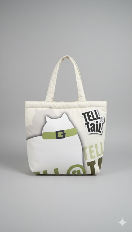 FLUFFY CANVAS TOTE BAG : CREAM WITH GREEN
